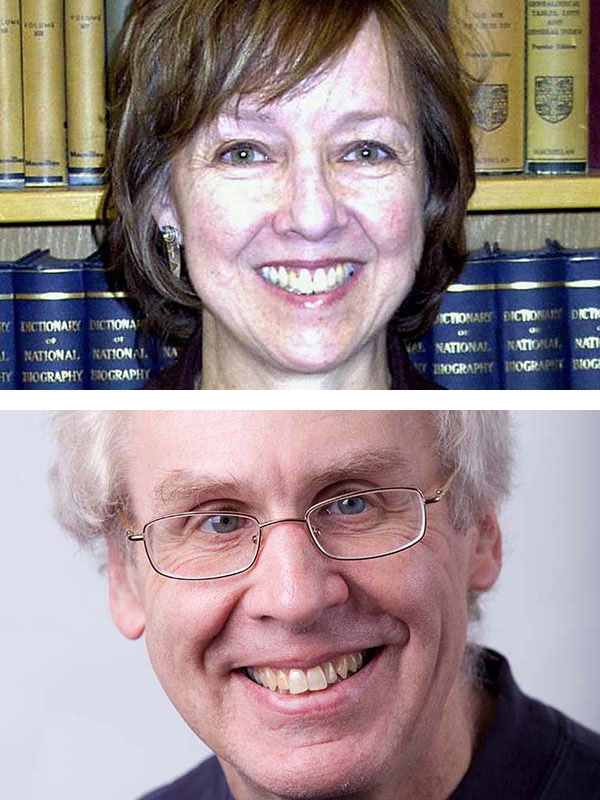 A composite of two headshots: One of Professor Christine Farris and one of Professor John Schilb, both of whom recently retired from teaching.